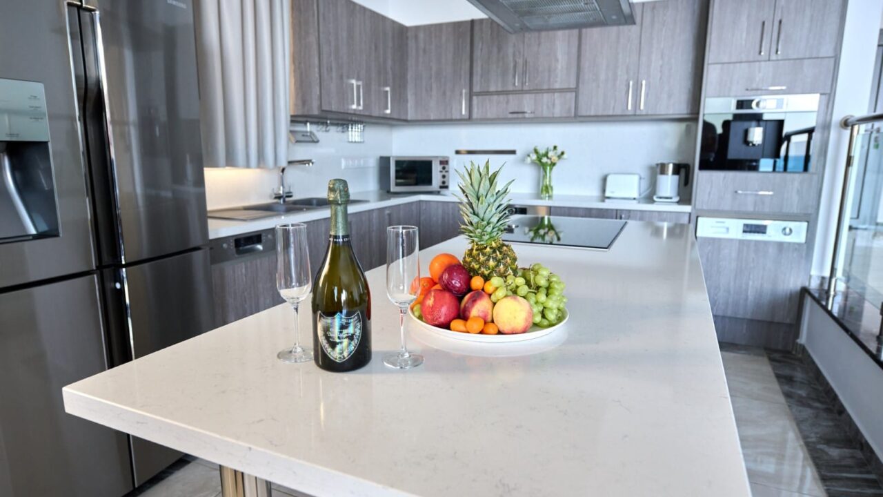 Kitchen with Kitchen Island at Olymp Luxury Villa D